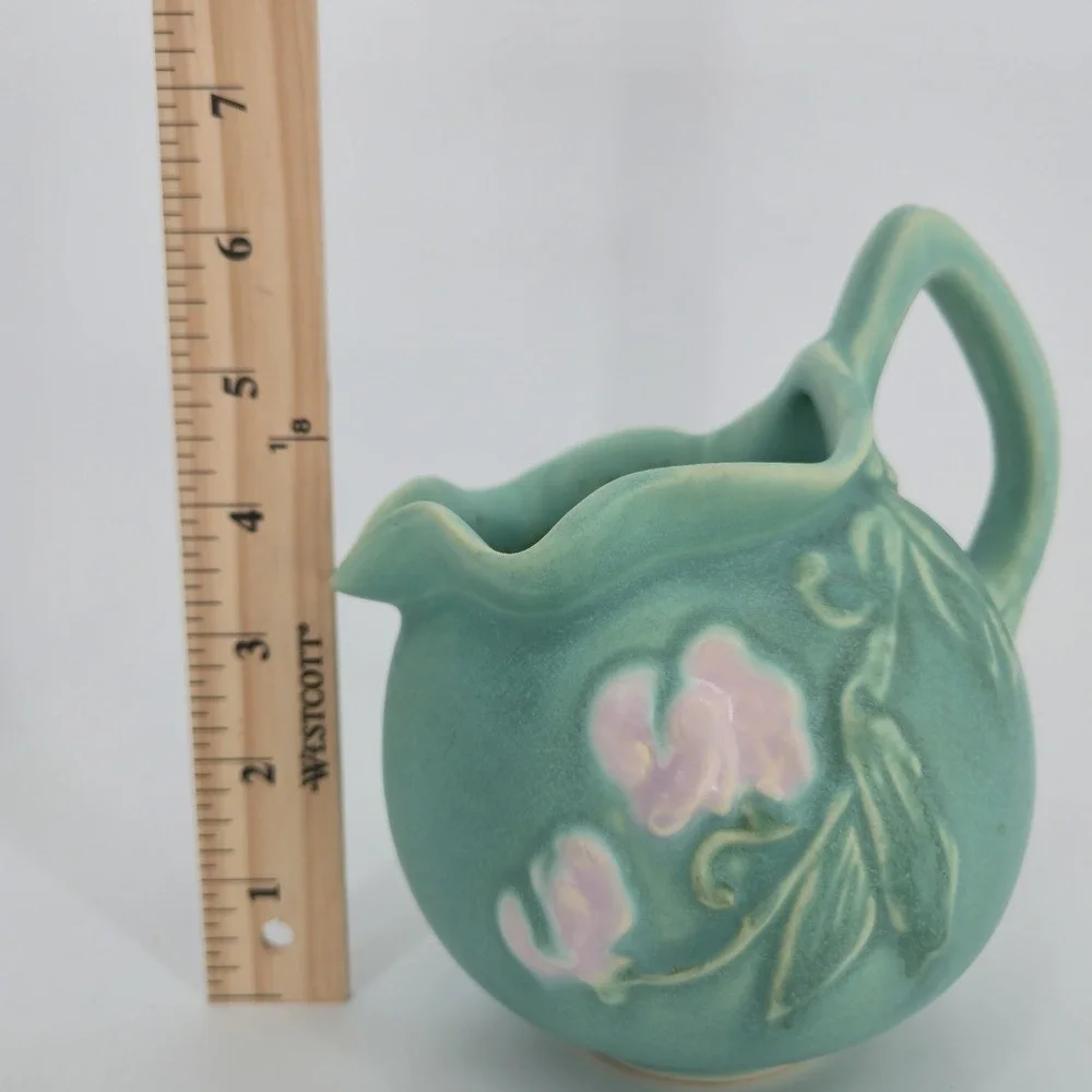 Vintage Weller Bouquet F-20 Turquoise Ball Pitcher Pink Floral Art Pottery 1930s